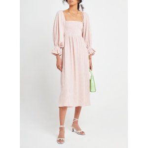 O.P.T. Athena Pink Mauve Gingham Puff Sleeves Smocked Midi Dress XS